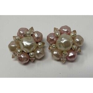 Pretty Baby Pink and White Faux Pearl Vintage Earrings Marked Hong Kong